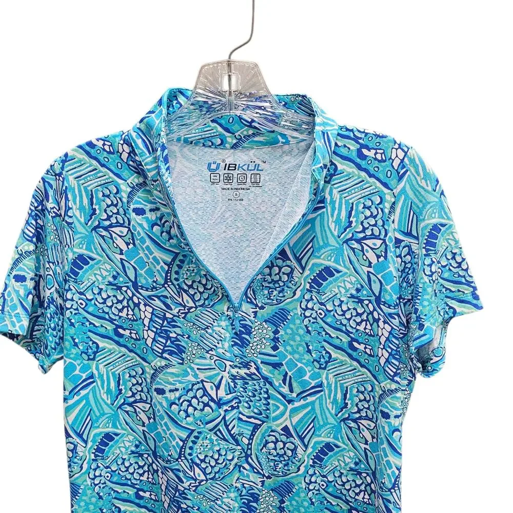 IBKUL Krista Blue Turquoise Short Sleeve Mock Neck 1/4 Zip Golf Tennis Shirt S
